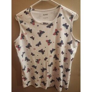 Blair Women's White Sleeveless Red Blue Butterflies American Tank Top Size L